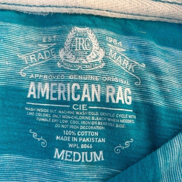 B149. American Rag Striped Polo 100% Cotton Teal/White Medium M - Picture 3 of 3